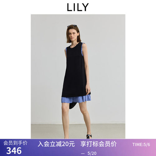 LILY秋新款女装复古设计感条纹拼接无袖圆领A字裙背心连衣裙