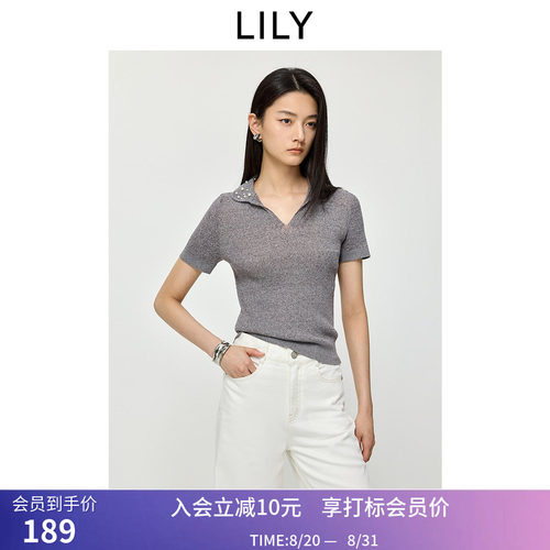 LILY2026夏新款女装含亚麻格雷系钉珠翻领修身通勤浅色短袖针织衫
