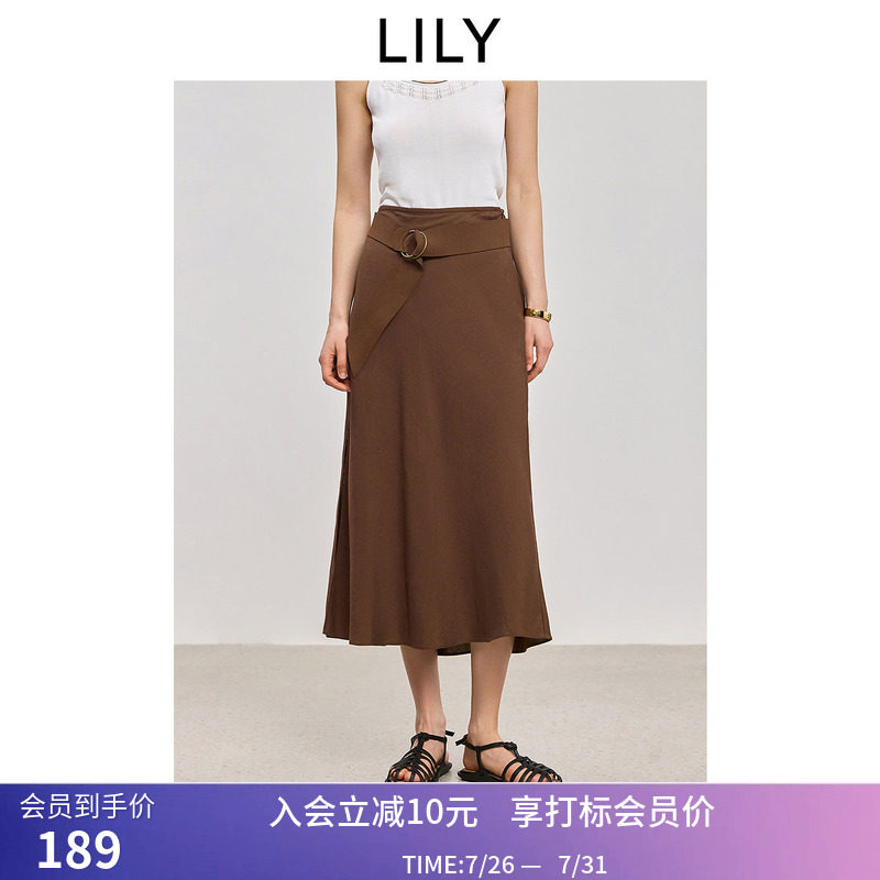 【商场同款】LILY夏新款复古斜裁开叉休闲棕色半身裙女
