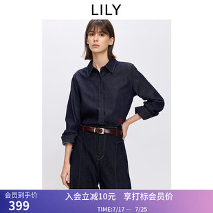 LILY2026秋新款复古翻领宽松休闲百搭通勤深色长袖牛仔衬衫外套女