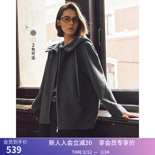 LILY冬新款女装100%羊毛休闲连帽设计感宽松百搭双面呢外套女