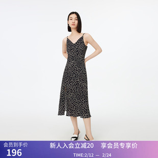 秒杀LILY秋新款女装垂坠感含真丝都市通勤印花洋气开叉吊带连衣裙