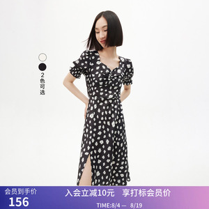 LILY夏新款女装浪漫印花法式优雅方领慵懒泡泡袖高腰连衣裙女