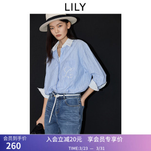 LILY春设计感撞色竹节条纹纯棉宽松休闲百搭通勤蓝色衬衫 女