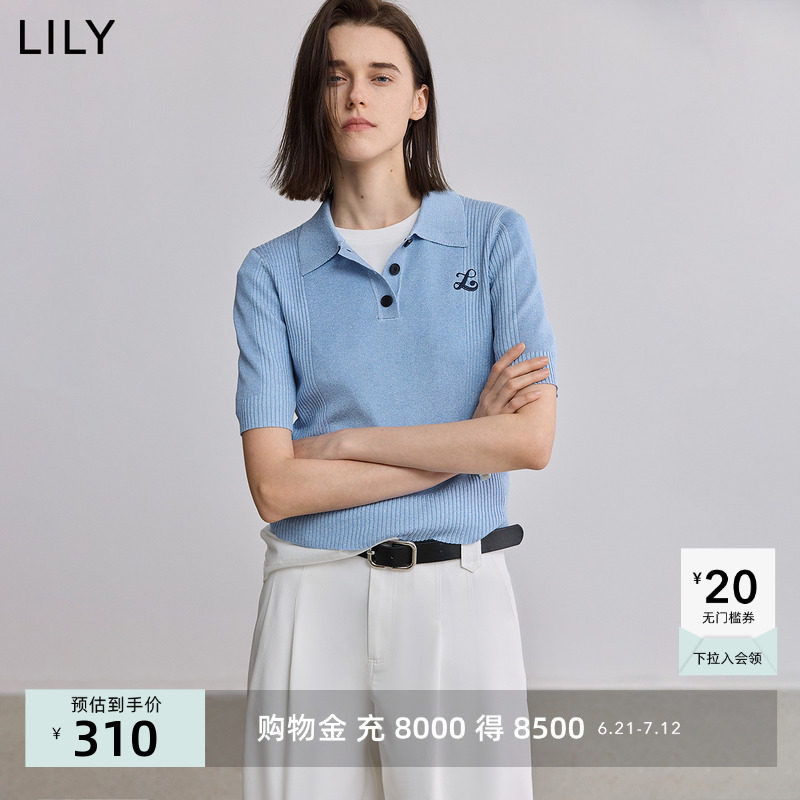 LILY2025夏新款女装POLO领休闲修身百搭通勤蓝色短袖针织衫短款