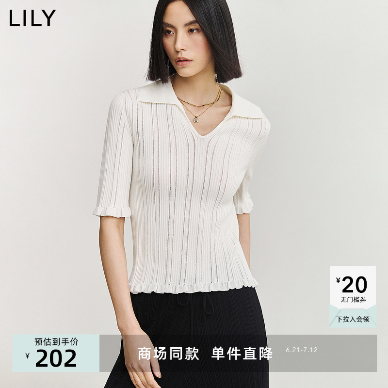 【商场同款】LILY2024夏新款女装通勤款浪漫花边复古POLO毛针织衫