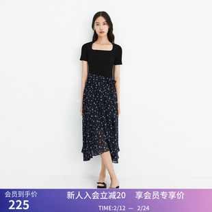 秒杀【商场同款】LILY夏新款女装别致方领拼接印花优雅高腰连衣裙