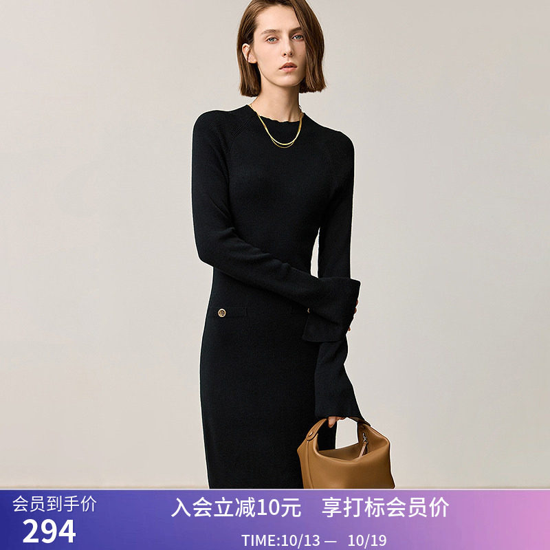 【商场同款】LILY冬新款女装绵羊毛修身收腰针织连衣裙小黑裙