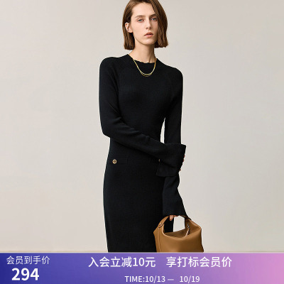 【商场同款】LILY冬新款女装绵羊毛修身收腰针织连衣裙小黑裙