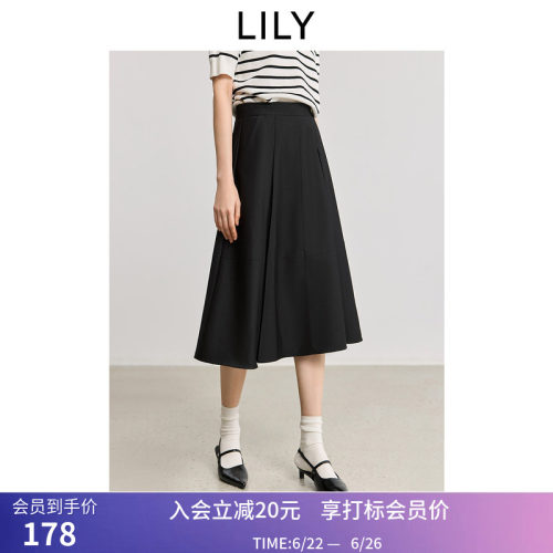 LILY夏新款简约垂感休闲百搭职业通勤黑色A字半身裙女中长款