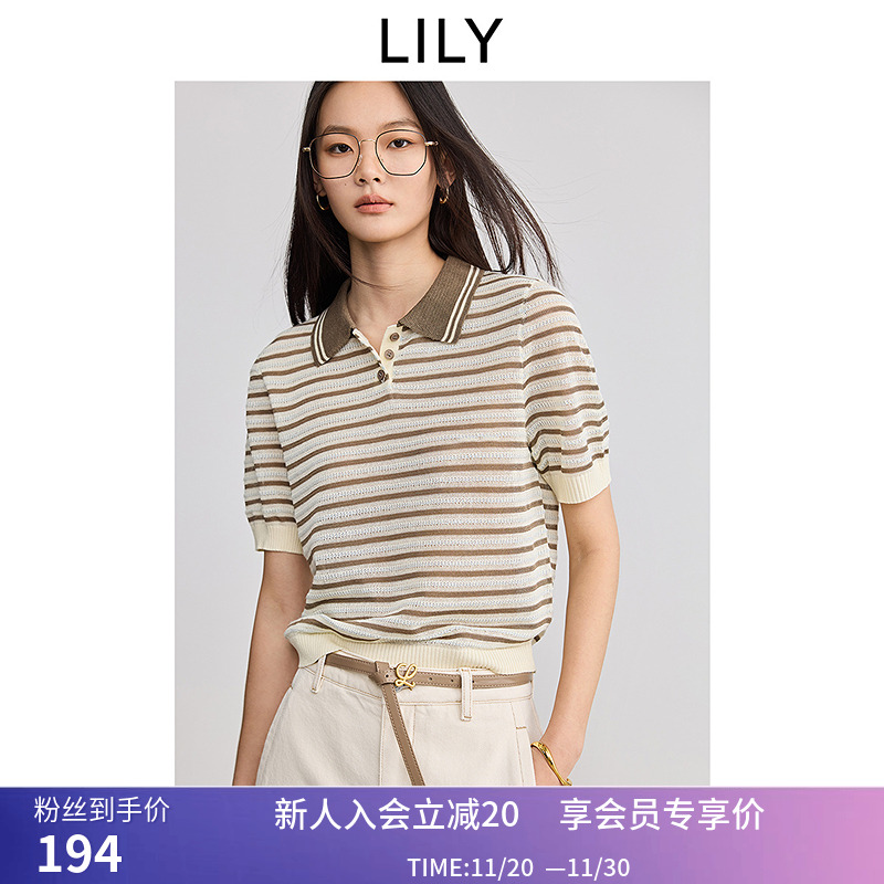 LILY2025春新款植物系条纹宽松休闲通勤百搭短袖POLO领针织衫女