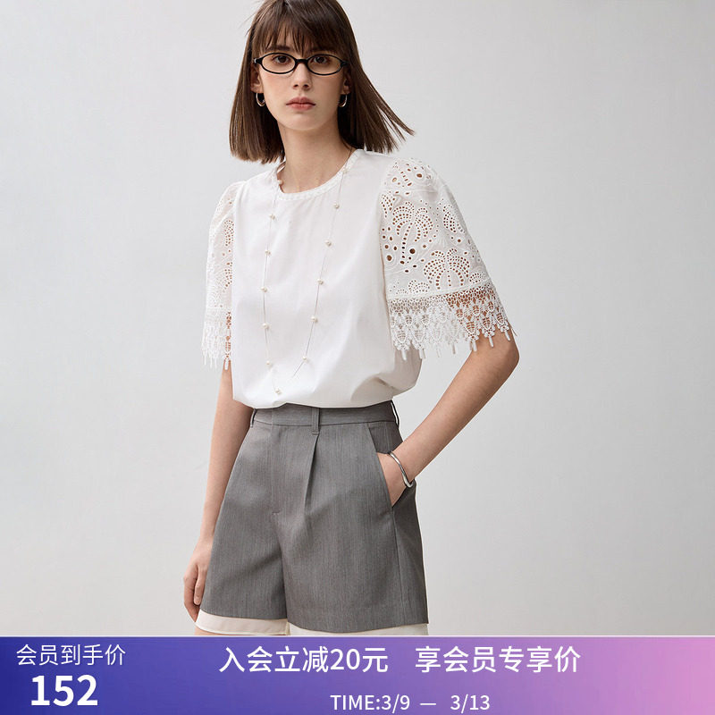 LILY夏新款镂空蕾丝泡泡袖设计感H型休闲优雅气质通勤套头衫