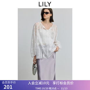 LILY夏新款法式镂空蕾丝绣花流苏休闲薄款白色雪纺衫套头衫女
