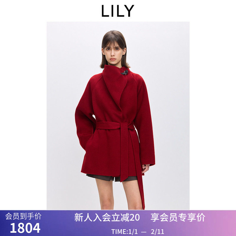 【商场同款】LILY2025冬新款含羊毛骆驼绒大红色毛呢外套女中长款,女装/女士精品,毛呢外套,淘宝优惠券,粉丝福利购,淘宝优惠卷