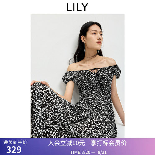 LILY2026夏新款莱赛尔亚麻法式系带碎花气质通勤黑色短袖连衣裙女