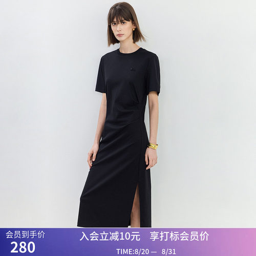 【商场同款】LILY夏新款女装复古时尚条纹气质通勤抽褶连衣裙