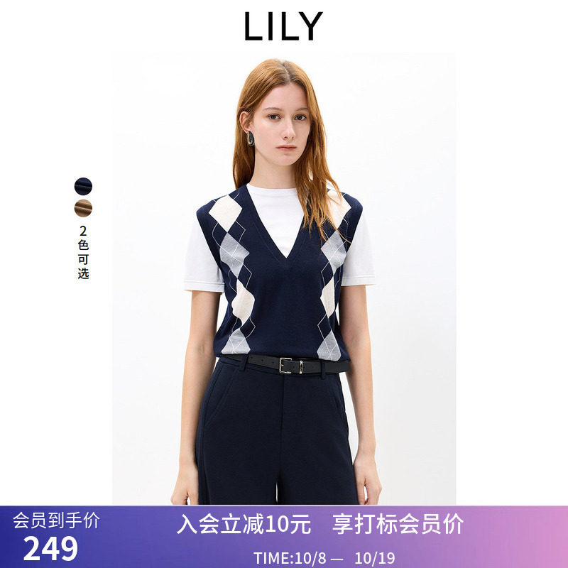 LILY2026秋新款女装复古假两件撞色菱格提花休闲通勤短袖针织衫