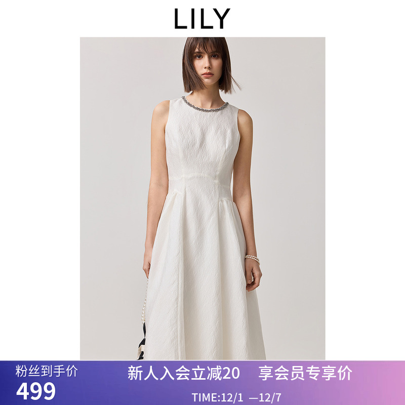【商场同款】LILY2025春新款女装重工钉珠无袖背心米白色连衣裙