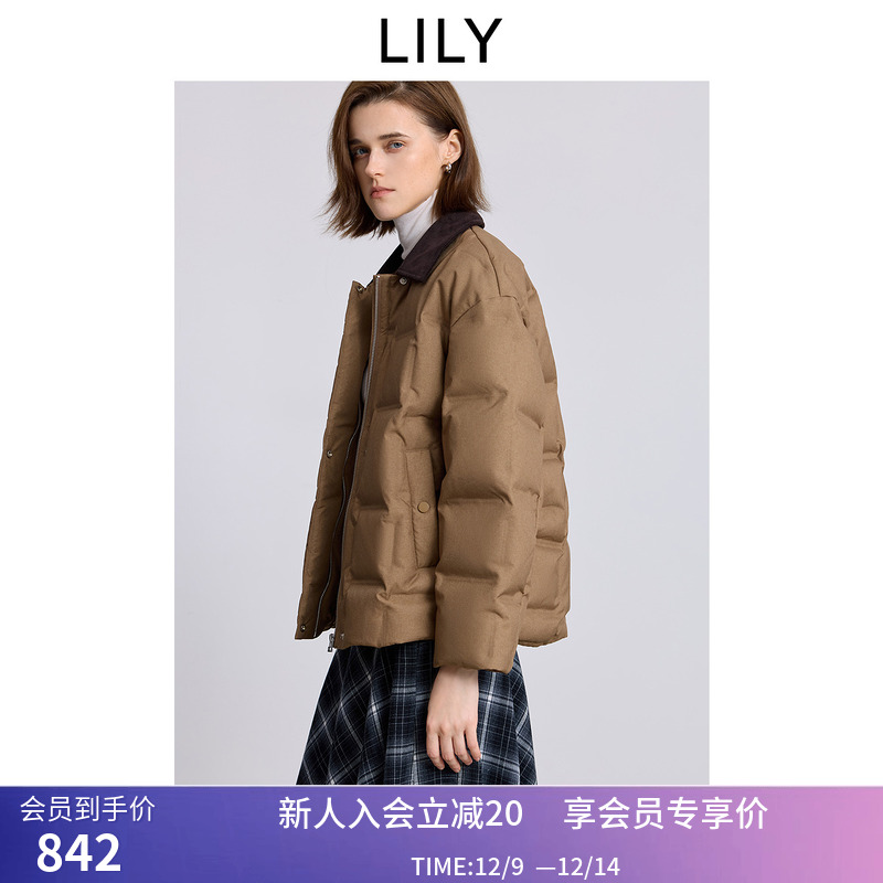 LILY2025冬新款复古撞色翻领90鸭绒休闲通勤百搭羽绒服外套女短款