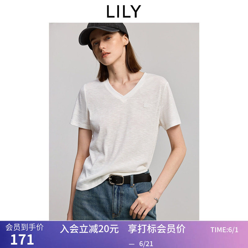 LILY2026夏新款简约肌理感休闲V领气质通勤白色短袖T恤女短款上衣