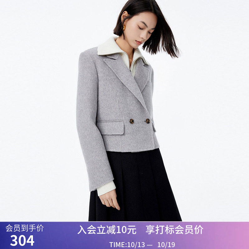 LILY冬新款女装绵羊毛复古双排扣时尚短款通勤毛呢外套大衣女