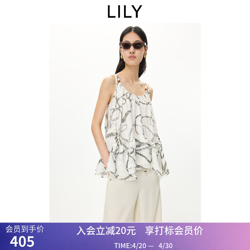LILY2026夏新款醋酸混纺法式印花U领宽松薄款A字套头吊带雪纺衫女