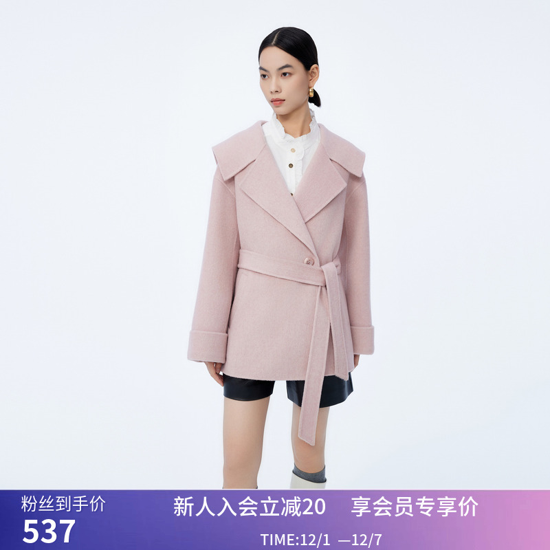 LILY冬新款女装绵羊毛气质时尚海军领通勤中长款毛呢外套大衣