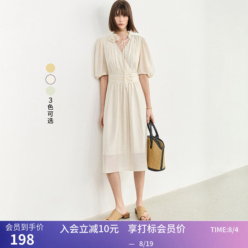 LILY夏新款女装复古泡泡袖浪漫花卉气质温柔高腰连衣裙