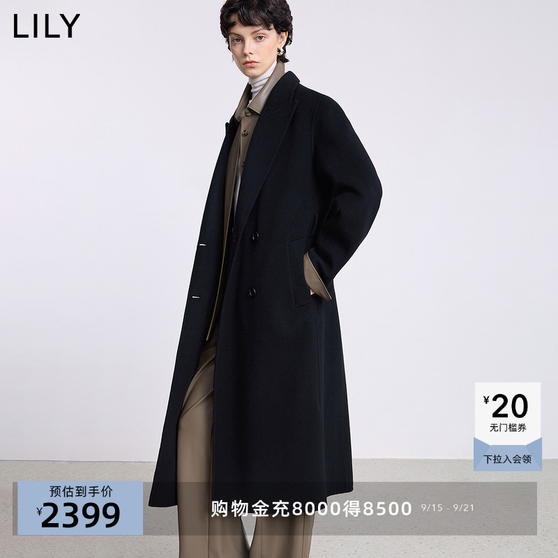 商场同款LILY2025冬新款羊毛羊绒混纺腰带收腰毛呢大衣外套女长款