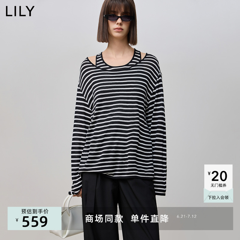 【商场同款】LILY2025春黑白撞色条纹宽松慵懒落肩休闲针织衫女