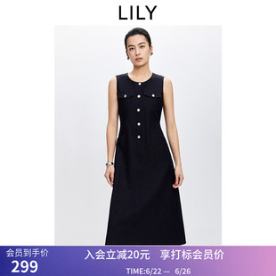 LILY2026春新款女装复古小香风无袖圆领收腰气质通勤仿牛仔连衣裙