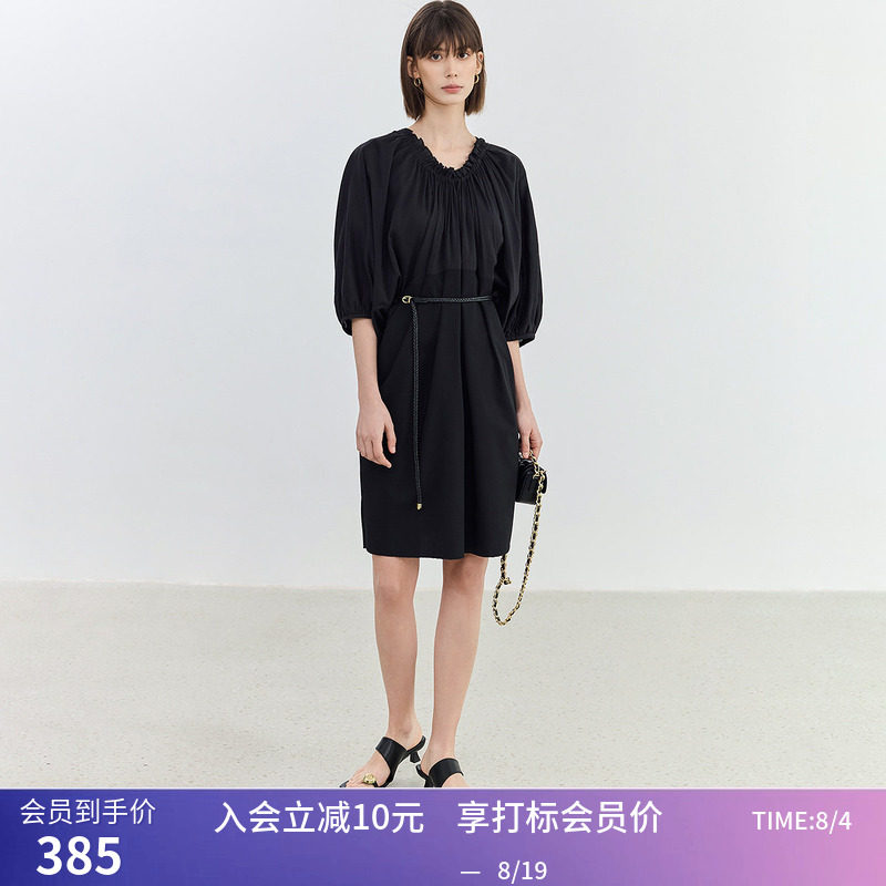 【商场同款】LILY夏新款女装桑蚕丝真丝七分袖连衣裙小黑裙女