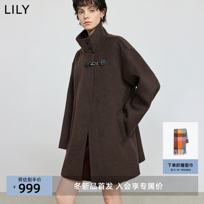 100%羊毛LILY2025冬新款女装复古立领翻领休闲通勤双面呢毛呢外套