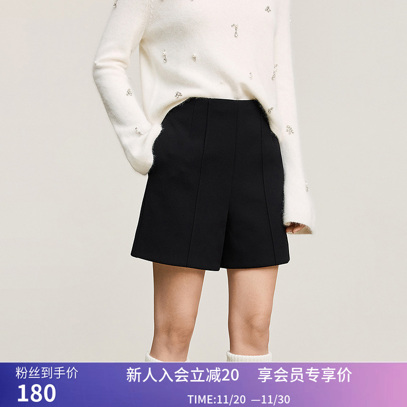 【商场同款】LILY冬新款女装高腰百搭微A字黑色休闲裤短裤女