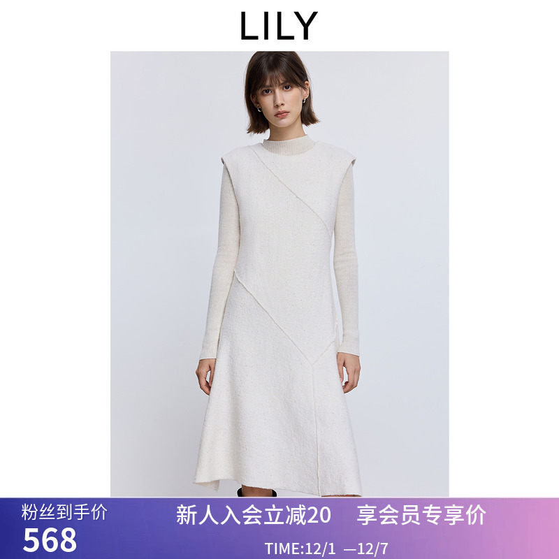 LILY2025冬新款羊毛混纺简约无袖圆领收腰白色毛呢针织裙连衣裙女