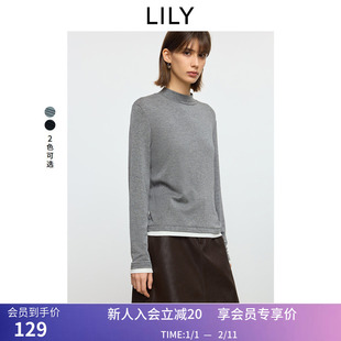 LILY2025冬新款女装莱赛尔羊毛混纺撞色修身半高领T恤打底衫内搭