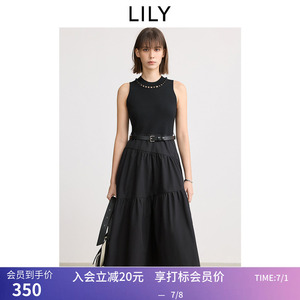 【LILY时光小黑裙】商场同款春新款女装针梭拼接连衣裙蛋糕裙