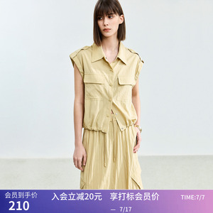 【商场同款】LILY夏新款时尚polo领工装风口袋无袖卡其衬衫女