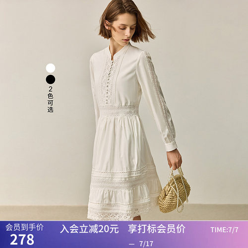 LILY秋新款女装法式重工镂空蕾丝花边钉珠收腰A字连衣裙女款