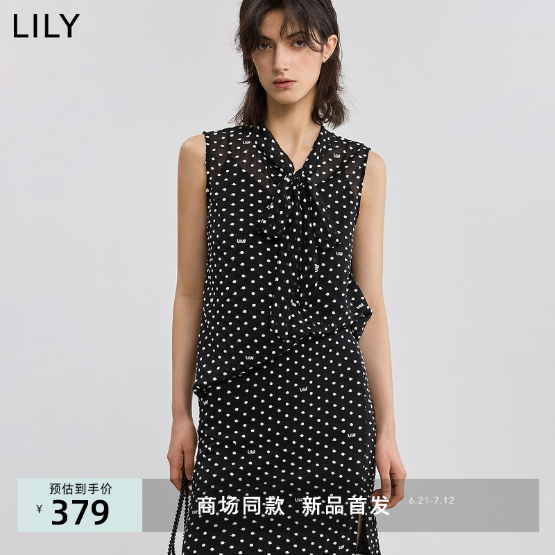 【商场同款】LILY2025夏新款复古波点V领飘带领休闲无袖套头衫女