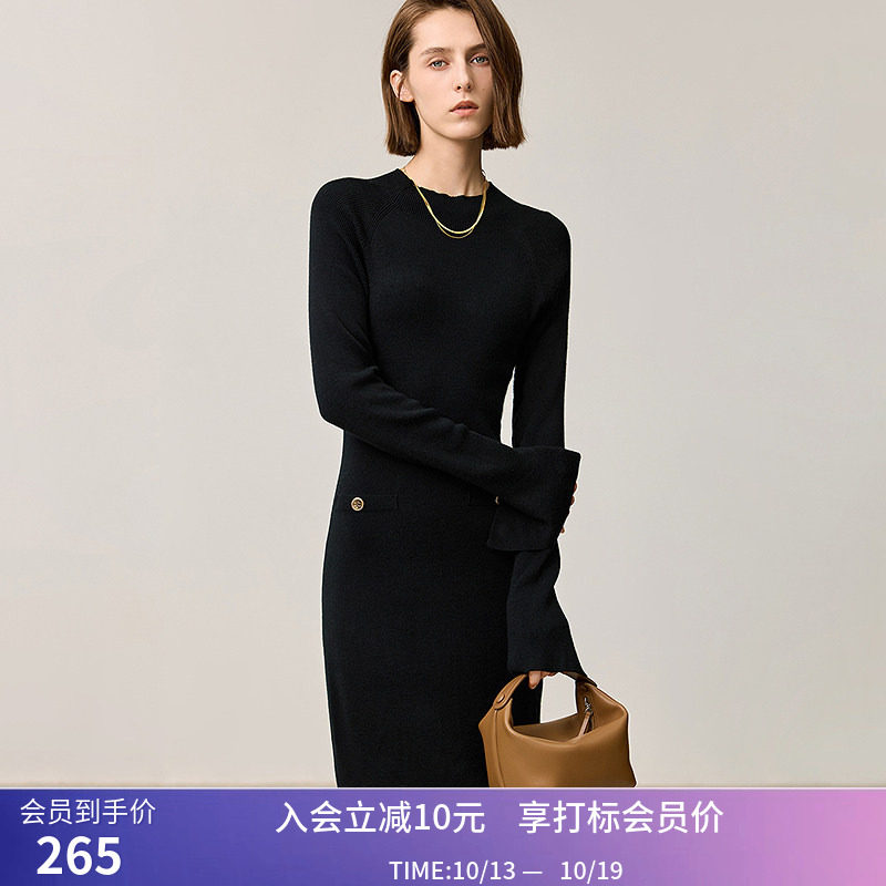 【商场同款】LILY冬新款女装绵羊毛修身收腰针织连衣裙小黑裙