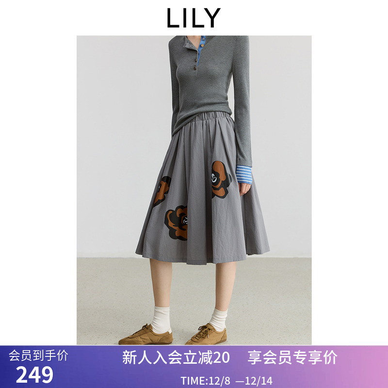 【商场同款】LILY2025秋新款格雷系撞色印花气质通勤半身裙伞裙女