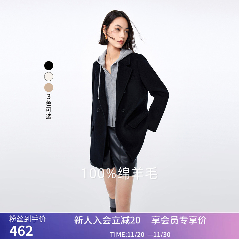 LILY冬新款女装全绵羊毛气质通勤款中长款毛呢外套大衣小个子