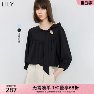 新品 法式 飘带领设计感抽褶泡泡袖 LILY2024夏季 七分袖 宽松雪纺衫