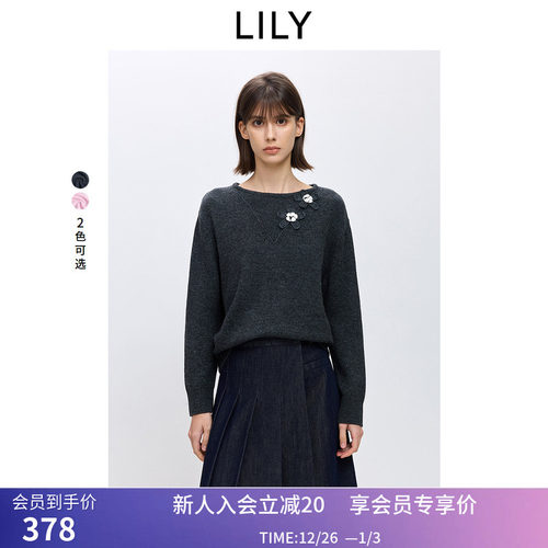 LILY2026春新款女装含羊毛一字领撞色立体花朵宽松套头针织衫毛衣
