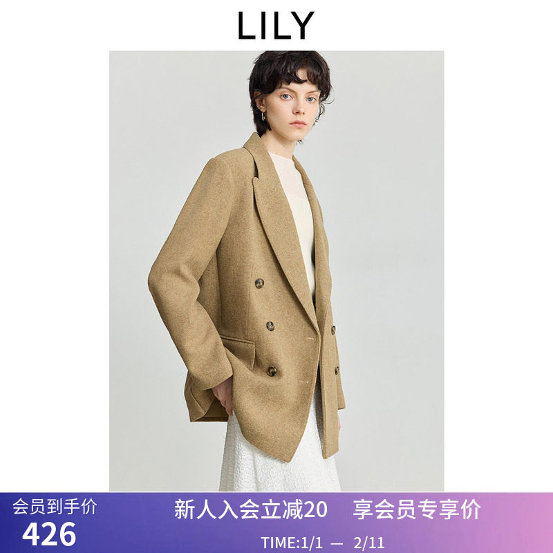 LILY2025冬新款女装羊毛混纺加厚复古气质通勤休闲高级感西装外套