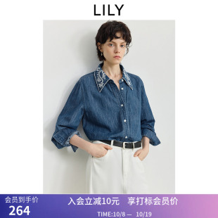 LILY冬新款棉麻复古镂空绣花宽松休闲通勤深色牛仔外套女上衣