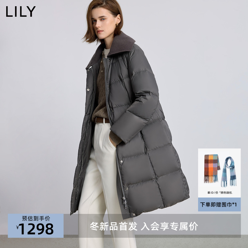 LILY2025冬新款复古针织翻领宽松休闲90鸭绒泡芙羽绒服外套女长款