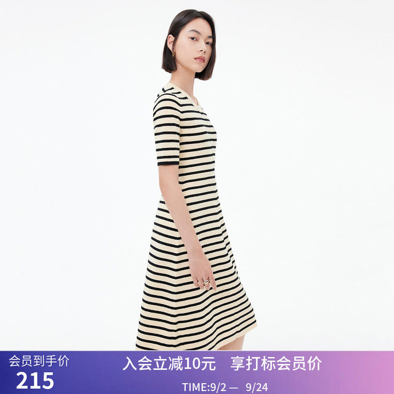 LILY秋新款女装气质复古条纹优雅时尚通勤长款修身针织连衣裙图片