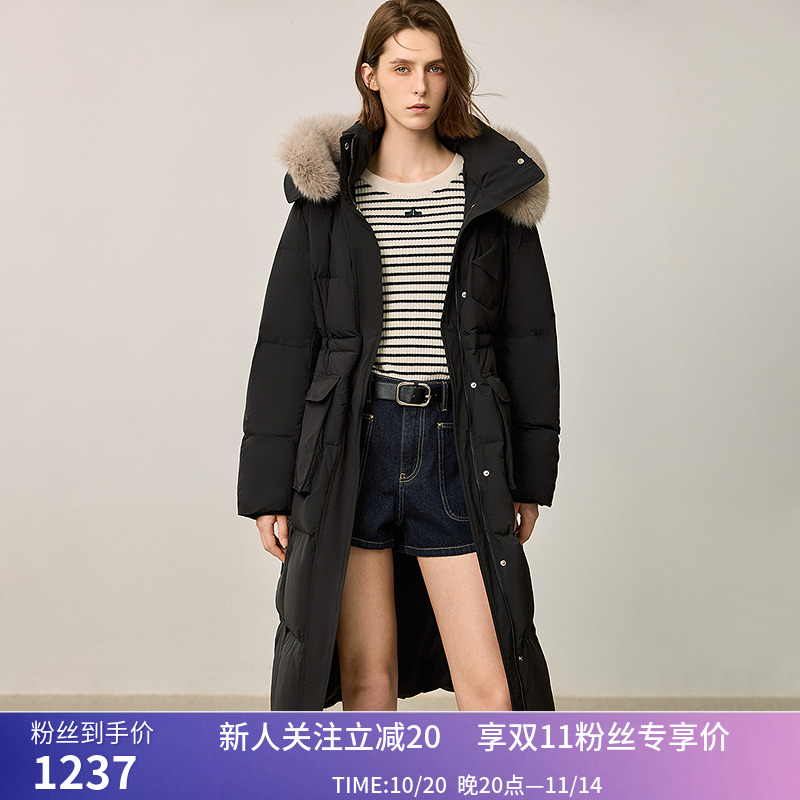 LILY冬新款女装蓬松狐狸毛领收腰显瘦百搭宽松90鸭绒羽绒服女